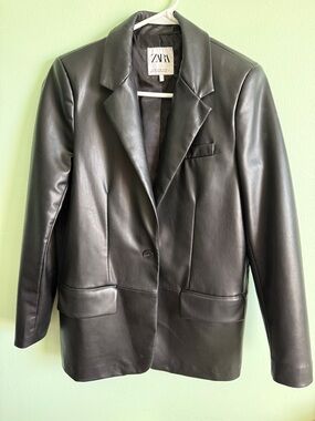ZARA Black Faux Leather Blazer Jacket with Notch Lapel